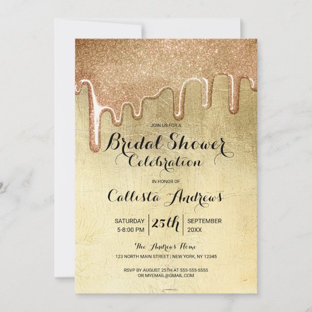 Glamourous Gold Thick Glitter Drips Bridal Shower Invitation (Front)