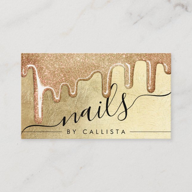 Glamourous Gold Thick Glitter Drips Nails Business Card (Front)
