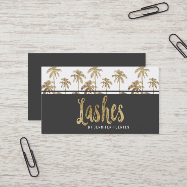 Glamourous Gold Tropical Palm Trees Lashes Business Card (Front/Back In Situ)