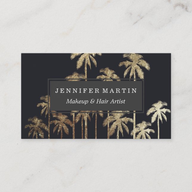 Glamourous Gold Tropical Palm Trees on Black Business Card (Front)