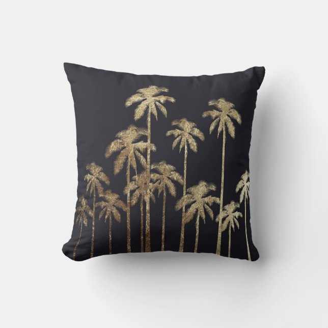 Glamourous Gold Tropical Palm Trees on Black Cushion (Front)