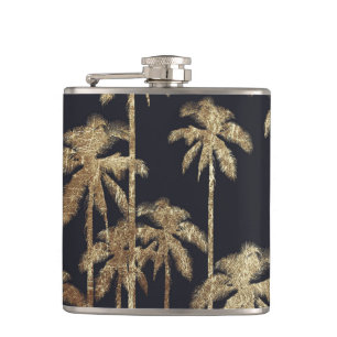 Glamourous Gold Tropical Palm Trees on Black Hip Flask