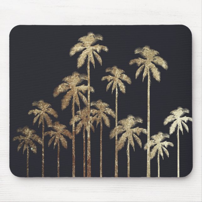 Glamourous Gold Tropical Palm Trees on Black Mouse Mat (Front)