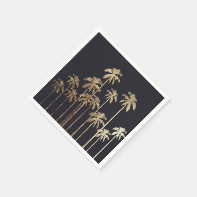 Glamourous Gold Tropical Palm Trees on Black Napkin (Corner)