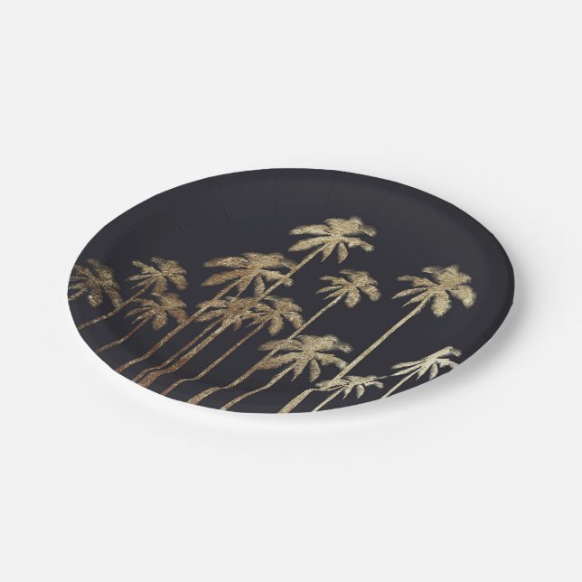 Glamourous Gold Tropical Palm Trees on Black Paper Plate (Angled)