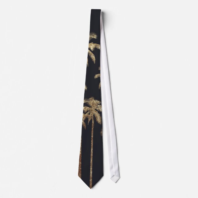 Glamourous Gold Tropical Palm Trees on Black Tie (Front)