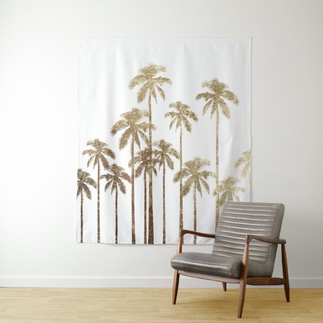 Glamourous Gold Tropical Palm Trees on White Tapestry (In Situ)