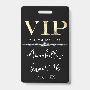 Glamourous Gold VIP on Black ID Badge