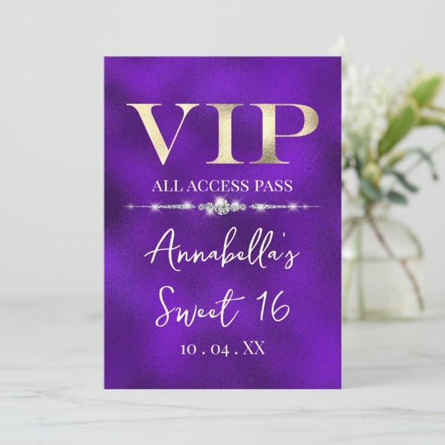 Glamourous Gold VIP on Purple Invitation (Standing Front)
