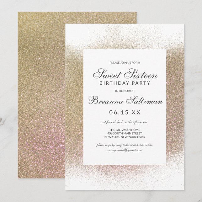 Glamourous Gold White Glitter Dust Border Sweet 16 Invitation (Front/Back)