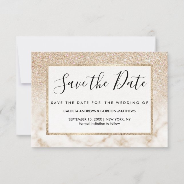 Glamourous Gold White Glitter Marble Gradient Ombr Save The Date (Front)