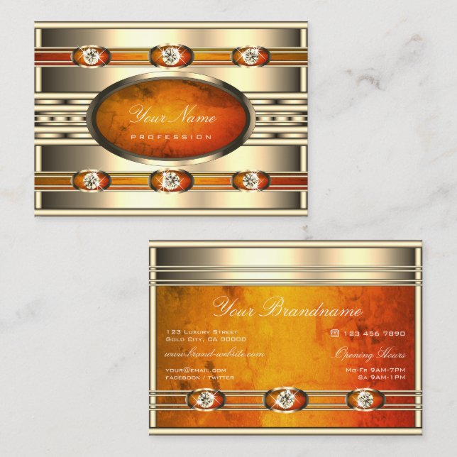 Glamourous Gold with Orange Marble Pattern Diamond Business Card (Front/Back)