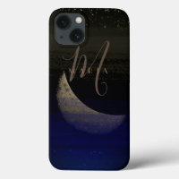 Glamourous Golden Moon Blue Abstract Monogram