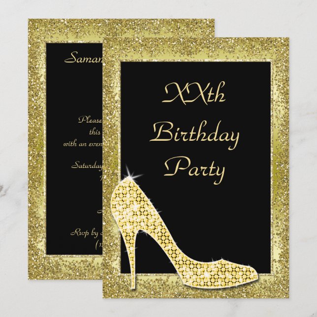 Glamourous Golds & Diamond Shoe Birthday Invitation (Front/Back)