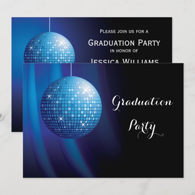 Glamourous Graduation Blue Party Disco Ball Invitation (Front/Back)