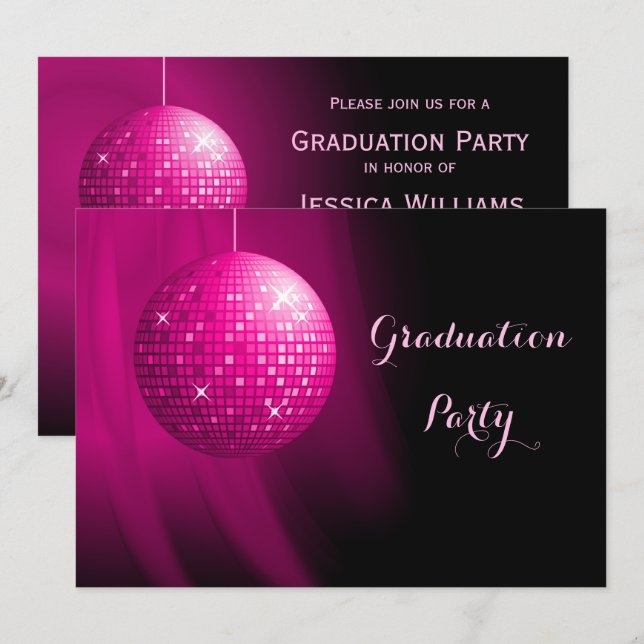 Glamourous Graduation Pink Party Disco Ball Invitation (Front/Back)