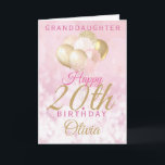 Glamourous Granddaughter 20th Birthday Balloon Card<br><div class="desc">A gorgeous glamourous 20th birthday card for your granddaughter. This fabulous design features blush pink and gold glitter balloons on a rose pink sparkly background.  Personalise with a name to wish someone a very happy twentieth birthday.</div>