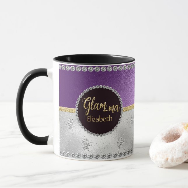 Glamourous Grandma Glam-ma Purple Gold Silver Name Mug (With Donut)