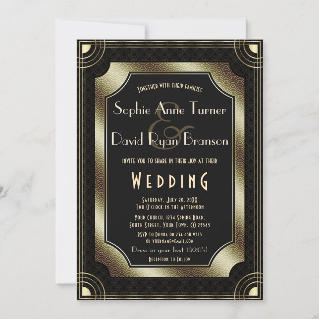 Glamourous Great Gatsby Gold Black Art Deco Weddin Invitation (Front)