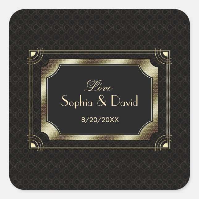 Glamourous Great Gatsby Gold Black Art Deco Weddin Square Sticker (Front)