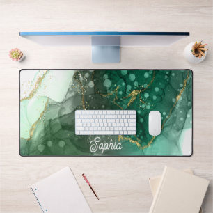 Glamourous Green and Gold Swirls Personalised Desk Mat