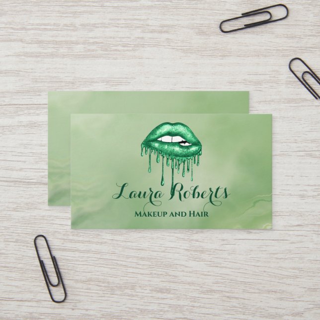 Glamourous Green Glitter Glam Lips Business Card (Front/Back In Situ)