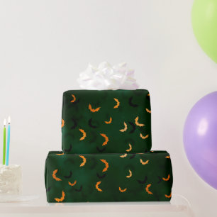 Glamourous Green & Orange Bats Halloween Bokeh Wrapping Paper