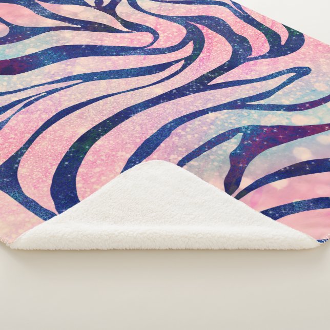 Glamourous Holographic Glitter Blue Zebra Stripes Sherpa Blanket (3/4)