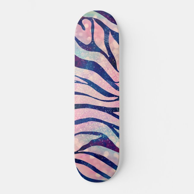 Glamourous Holographic Glitter Blue Zebra Stripes Skateboard (Front)