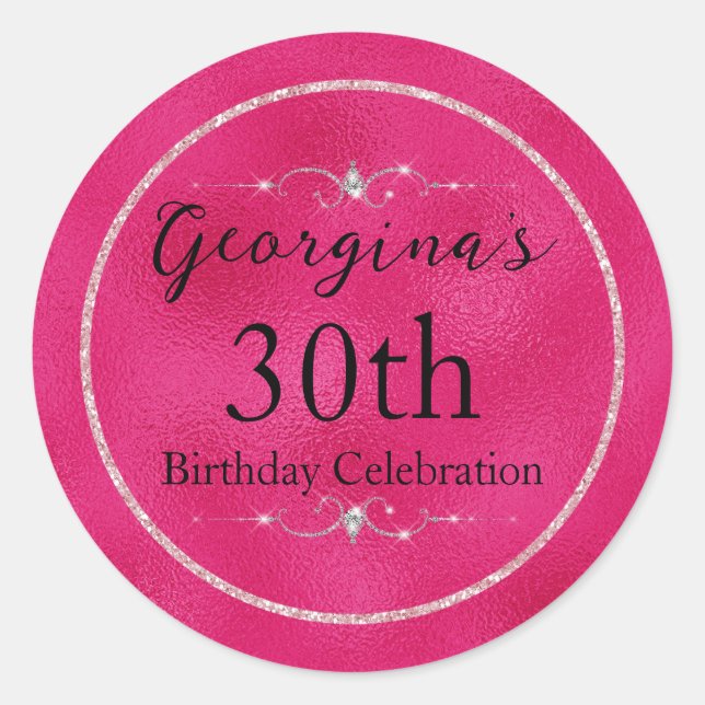 Glamourous Hot Pink and Glitter and Diamonds Classic Round Sticker (Front)