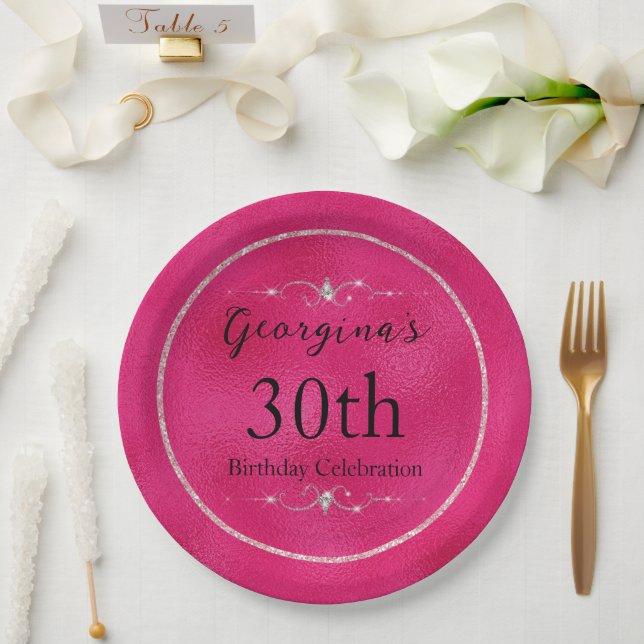 Glamourous Hot Pink and Glitter and Diamonds Paper Plate (Wedding)