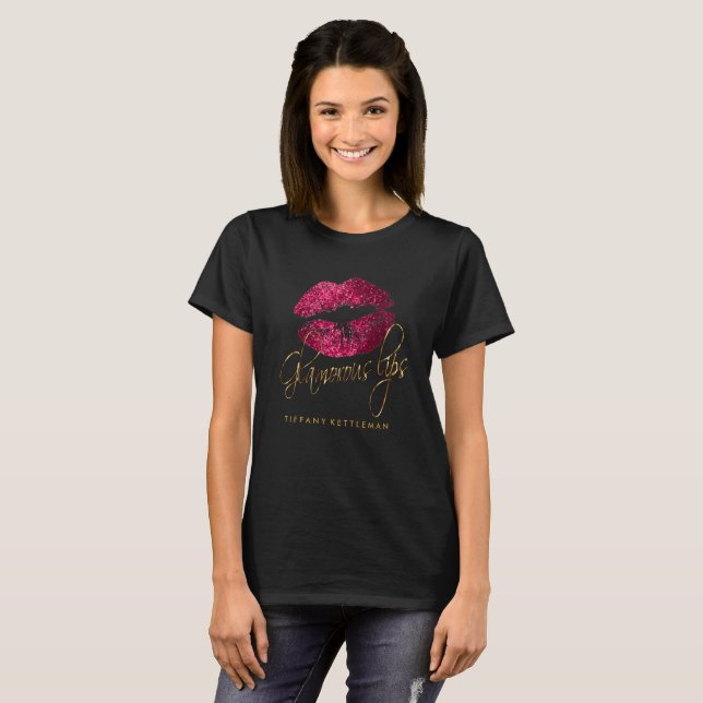 Glamourous Hot Pink Glitter Lips T-Shirt (Front Full)