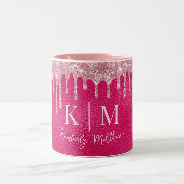 Glamourous Hot Pink Glitter Monogram Initials Two-Tone Coffee Mug (Center)