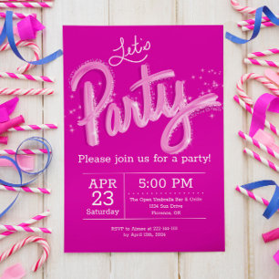 Glamourous Hot Pink Let's Party Vertical Invitation