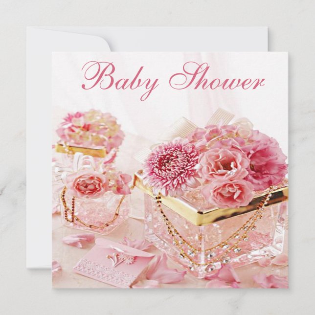 Glamourous Jewels, Pink Flowers & Boxes Baby Showe Invitation (Front)