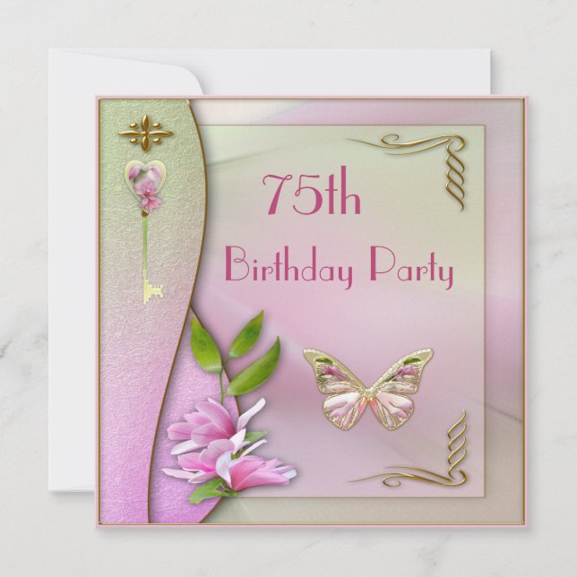 Glamourous Key, Magnolia & Butterfly 75th Birthday Invitation (Front)