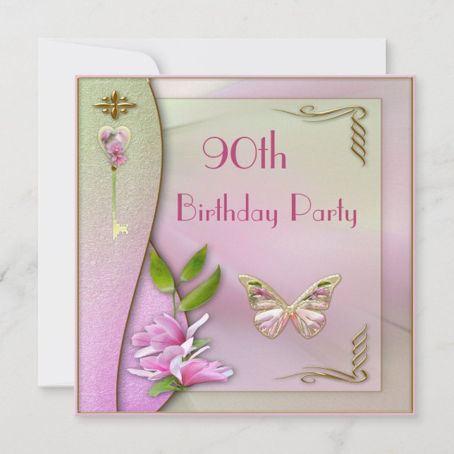 Glamourous Key, Magnolia & Butterfly 90th Birthday Invitation (Front)