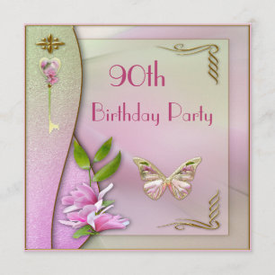 Glamourous Key, Magnolia & Butterfly 90th Birthday Invitation