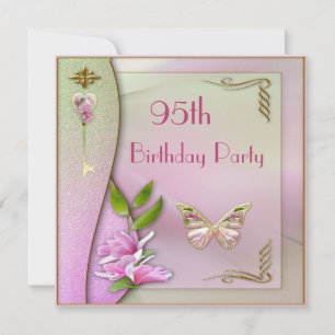 Glamourous Key, Magnolia & Butterfly 95th Birthday Invitation
