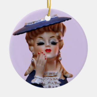 Glamourous Lady Head Vase Fancy Blue Hat  Ceramic Tree Decoration