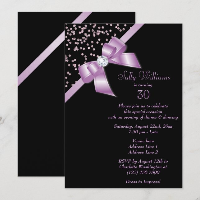 Glamourous Lilac Confetti & Jewel Bow 30th Birthda Invitation (Front/Back)