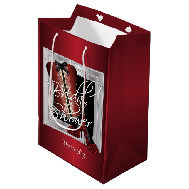 Glamourous Lingerie Bridal Shower | Dark Red Medium Gift Bag (Front Angled)
