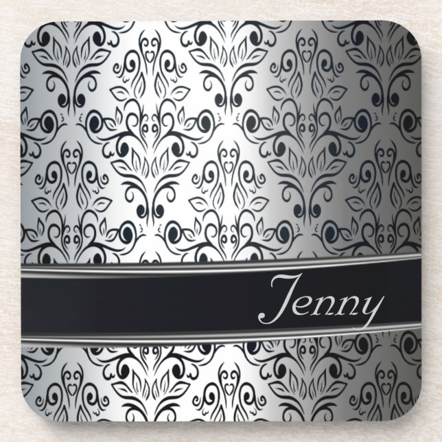Glamourous luxury silver damask monogram coaster (Front)