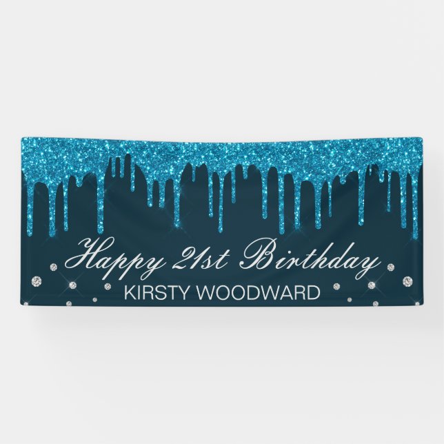 Glamourous Mid Blue Dripping Glitter Birthday Banner (Horizontal)