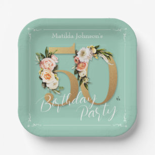 Glamourous Mint 50th Birthday Gold Floral Vintage Paper Plate