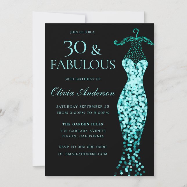 Glamourous Mint Teal Dress Fabulous 30th Birthday Invitation (Front)