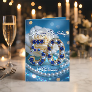 Glamourous Navy Blue Gems and Pearls 50th Birthday Card