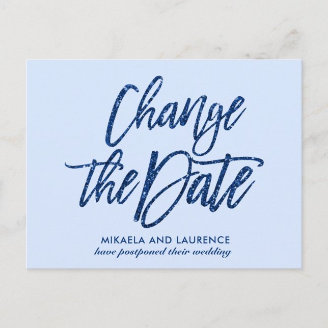 Glamourous Navy Blue glitter script change the dat Announcement Postcard (Front)