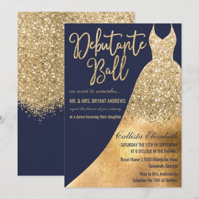 Glamourous Navy Gold Glitter Dress Debutante Dance Invitation (Front/Back)