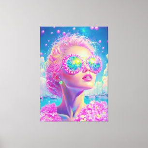 Glamourous Neon Woman with Sparkling Glasses Canvas Print